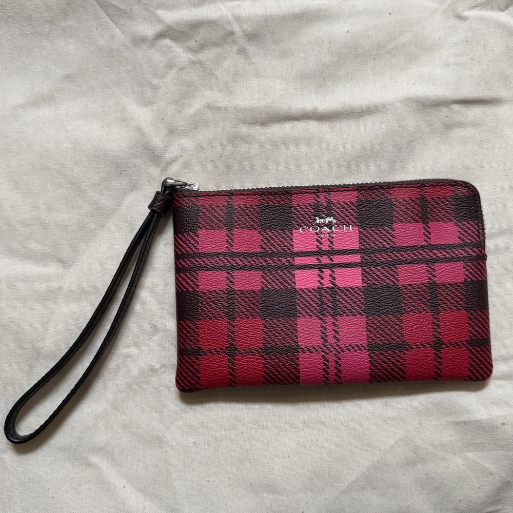 Coach Red, Pink and Black Plaid Wristlet LIKE New